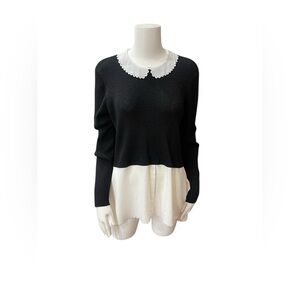 ELLE Black White Layered Sweater Top Peter Pan Collar Chiffon Hem Women’s M
